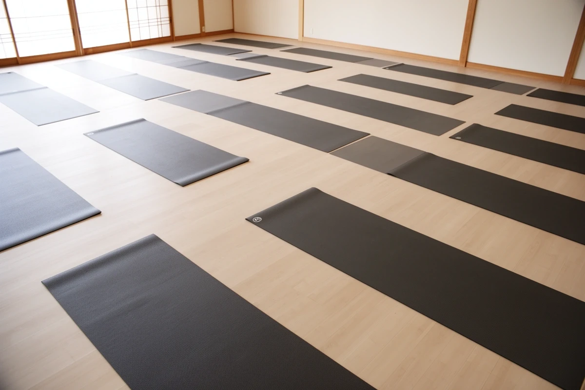 整列したヨガマットとスタジオ内観